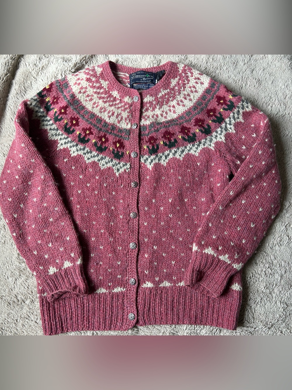 Vintage Woodstock by Bernard Pink Fair Isle Wool Cardigan Sweater